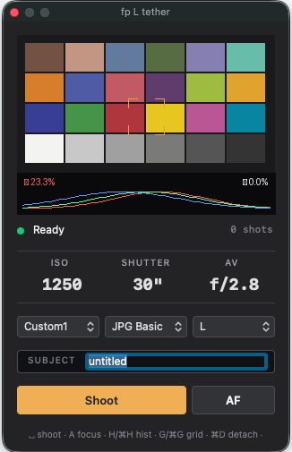 fp-l-tether floating control panel with Live View, RGB histogram, exposure controls, and Shoot/AF buttons